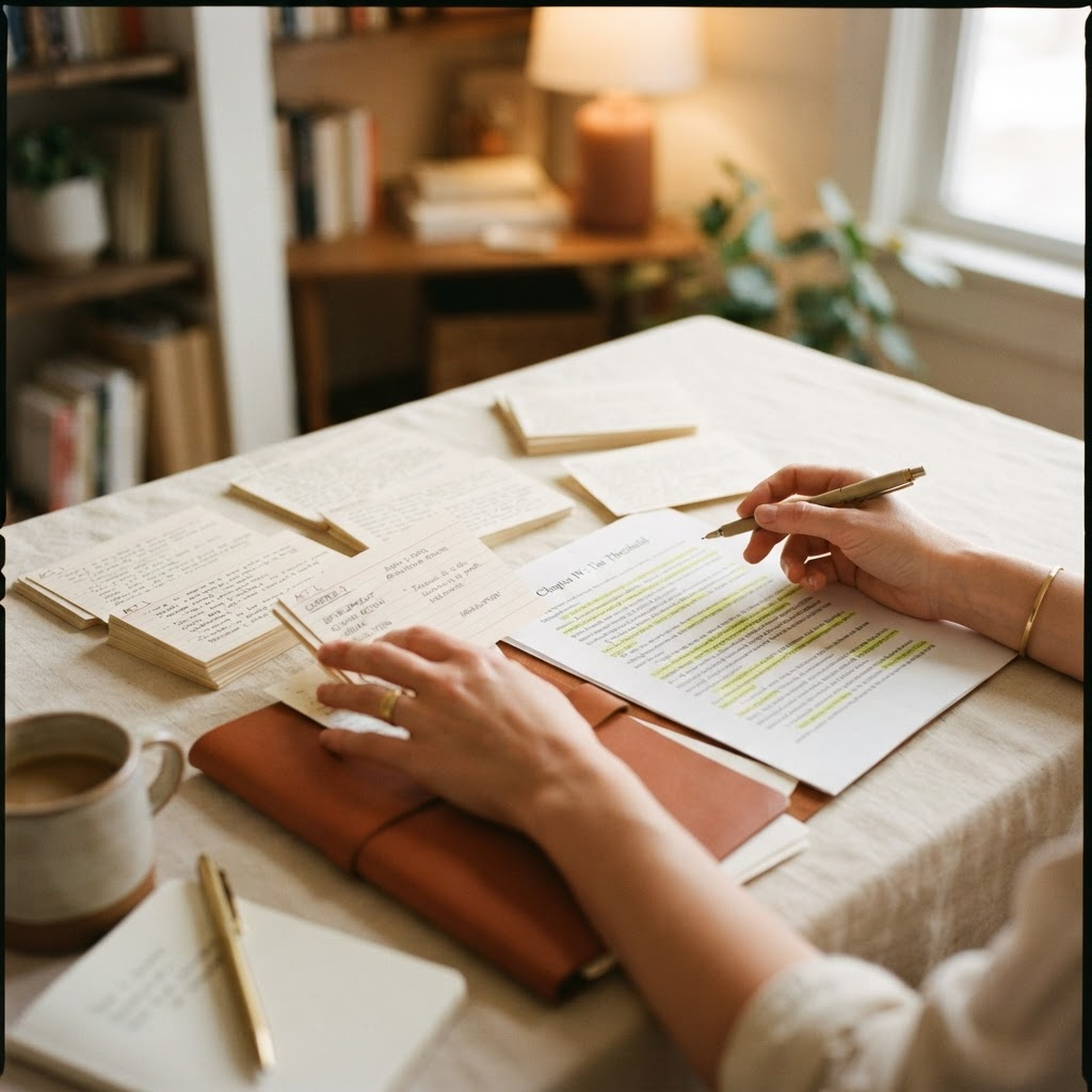 Hands arranging printed outline cards and a highlighted manuscript chapter on a desk