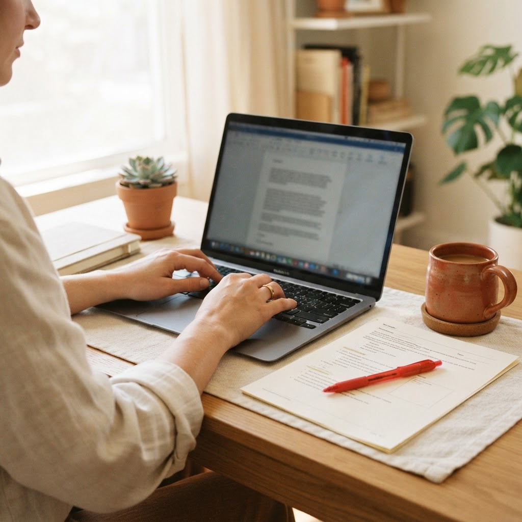 Hands typing on a laptop beside a printed worksheet and a red editing pen on a home desk